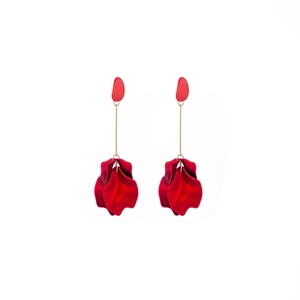 Elegant red matte petal drop earrings with gold metal links on a white background