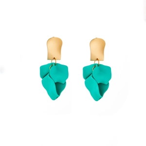 Fashionable Korean style gold and teal petal drop earrings with a matte textured finish