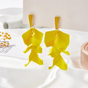 Matte yellow floral petal drop earrings with layered acrylic and 925 silver needle