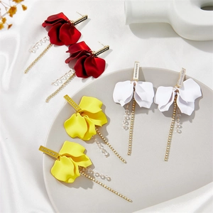 Long petal tassel earrings with rhinestones and crystal beads in red, yellow, and white