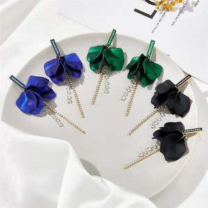 Three tiers petal tassel earrings in blue green and black with gold finish and rhinestones