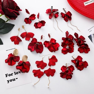 Vintage French Red Flower Petal Drop Earrings With 925 Sterling Silver Earring Post Alloy Artificial Pearl Ginkgo Leaf Tassel Earrings For Wedding Party Women Jewelry