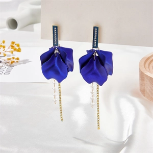 Retro deep blue petal long tassel earrings with sparkling rhinestones and gold chains