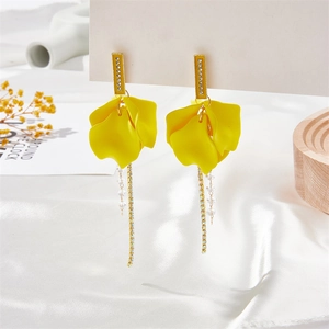 Yellow flower petal tassel earrings with rhinestones and crystals on white silk