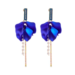 Klein blue petal earrings with gold studs and crystal bead tassels on white background