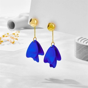 Fashionable blue petal drop earrings with gold hammered studs and long metallic bar