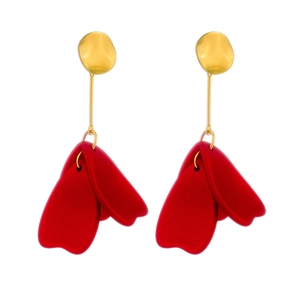 Retro red petal earrings with gold hammered discs and long metallic drops for women