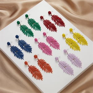 Women Bohemian Matte Tropical Leaf Dangle Earrings With 925 Sterling Silver Post Colorful Spray Paint Plant Vacation Jewelry