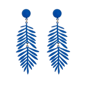 Klein blue palm leaf dangle earrings in a minimalist tropical double-layered design