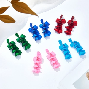 Vibrant multilayered petal drop earrings in royal blue, wine red and teal colors