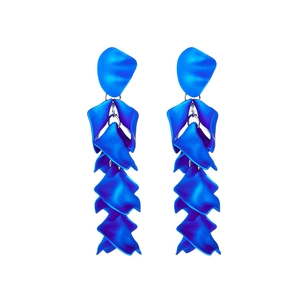 Modern layered flower petal earrings in matte Klein Blue featuring long tassel design