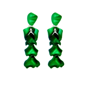 Exaggerated dark green multi-layer petal drop earrings with a matte metallic finish