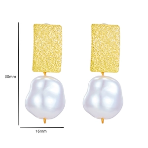 Detail view of Baroque pearl earrings showing dimensions 30mm height and 16mm width