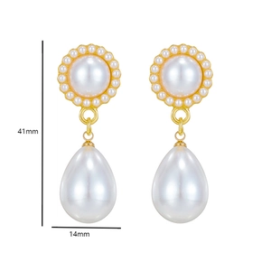 Detailed view of baroque pearl drop earrings showing 41mm height and 14mm width dimensions