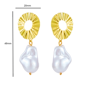 Detailed view of baroque pearl earrings with golden textured metal discs and dimensions