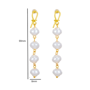 Baroque irregular pearl drop earrings with gold knot detail and 59mm length measurement