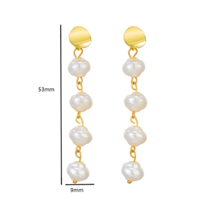 Detailed size view of baroque pearl drop earrings with gold links measuring 53mm in length