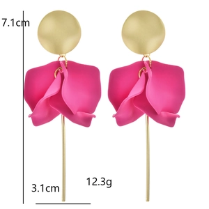 Detail showing dimensions of matte gold and rose red floral drop earrings 7.1cm x 3.1cm