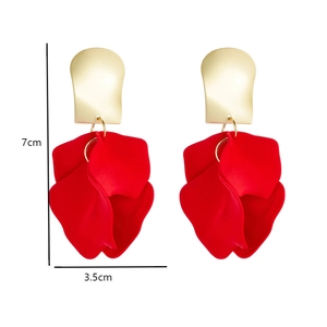 Detailed view of red petal drop earrings with gold metal top and size dimensions