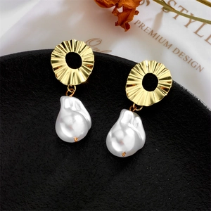 Retro baroque irregular pearl drop earrings with golden wavy metal studs in a premium design