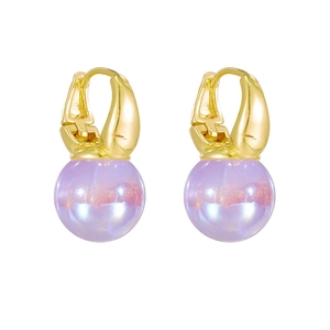 Iridescent purple mermaid pearl drop earrings with golden hoops on white background