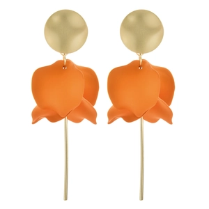Artistic drop earrings featuring orange matte petals and golden metal bar elements