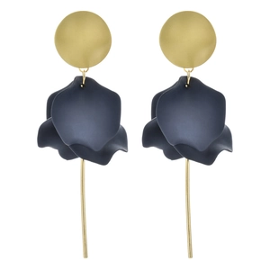 Detailed view of long petal drop earrings featuring matte blue finish and gold accents