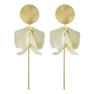 Detail of matte gold studs and 3D white resin petals on long drop earrings for women