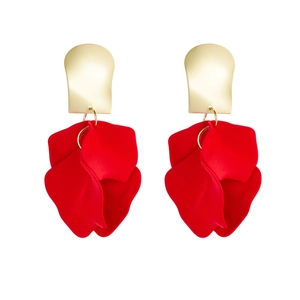 Minimalist red petal drop earrings with gold metallic accents and matte finish