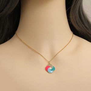 Minimalist windmill flower pendant necklace with colorful enamel and sparkling crystals