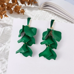 Long green leaf tassel earrings with multi-layer flower petals in matte finish