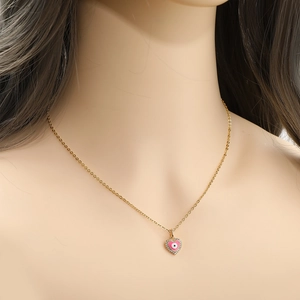 Goldhalskette mit rosa Herzanhänger, Glücksauge-Motiv und glänzenden Zirkoniasteinen