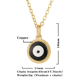 Detailed view of evil eye necklace with copper material specs and 11mm pendant size