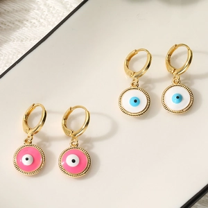 Dual set of gold enamel evil eye hoop earrings in pink and white color variations