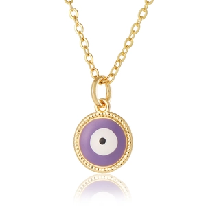 Golden Evil Eye pendant necklace with purple enamel and cable chain on white background