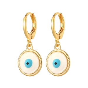 Golden round Evil Eye drop earrings with blue enamel detailing and leverback closure