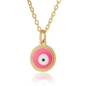 Detail of pink evil eye pendant with wavy gold edge and matching cross chain necklace