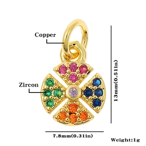 Detailed view of copper pendant with colorful zircon stones measuring 13mm by 7.8mm