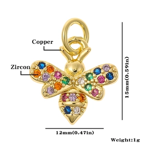 Detail view of colorful zircon bee pendant with copper material and 15mm size markings