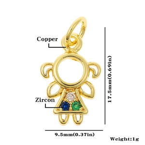 Detailed specs of girl pendant in gold copper with colorful zircons, 17.5mm height