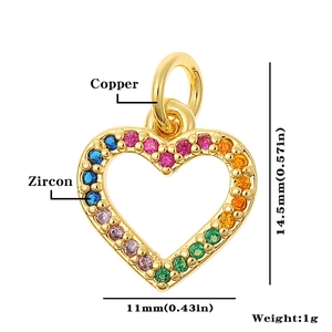 Rainbow zircon heart pendant made of copper with 11mm width and 14.5mm height dimensions