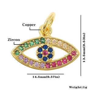 Detail of copper evil eye pendant with multi-color zircon stones and product dimensions