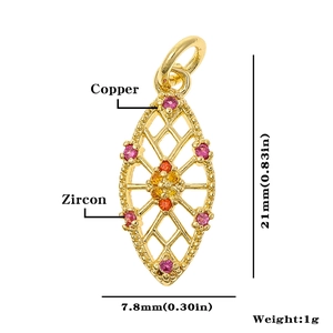 Detailed macro of copper marquise pendant with colorful zircons and size specs