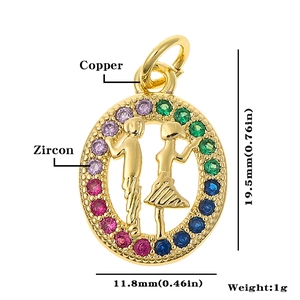 Macro detail of copper oval pendant with couple relief and colorful zircon frame