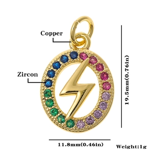 Detailed view of a gold oval lightning bolt pendant with colorful zircon settings