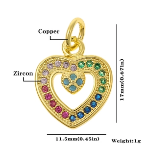 Detailed view of colorful zircon heart pendant made of copper with 17mm height and 11.5mm width