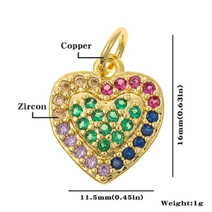 Macro shot of colorful zircon heart pendant with dimensions showing 16mm height