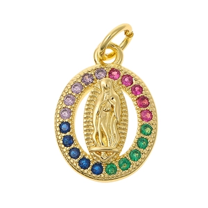 Oval Guadalupe Virgin Mary pendant in gold copper with multicolor cubic zirconia gems