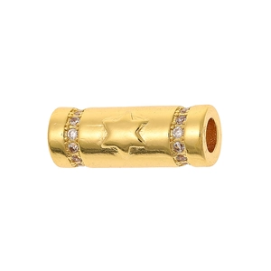 Gold plated hollow cylinder pendant with star relief and sparkling zircon inlay