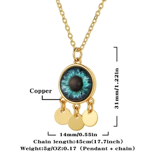 Detailed view of Evil Eye tassel pendant necklace with copper material and size specs